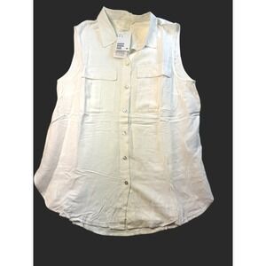 H&M Sleeveless Button‎ Down Shirt Linen Blend Utility Pockets Ivory Size 8 NWT